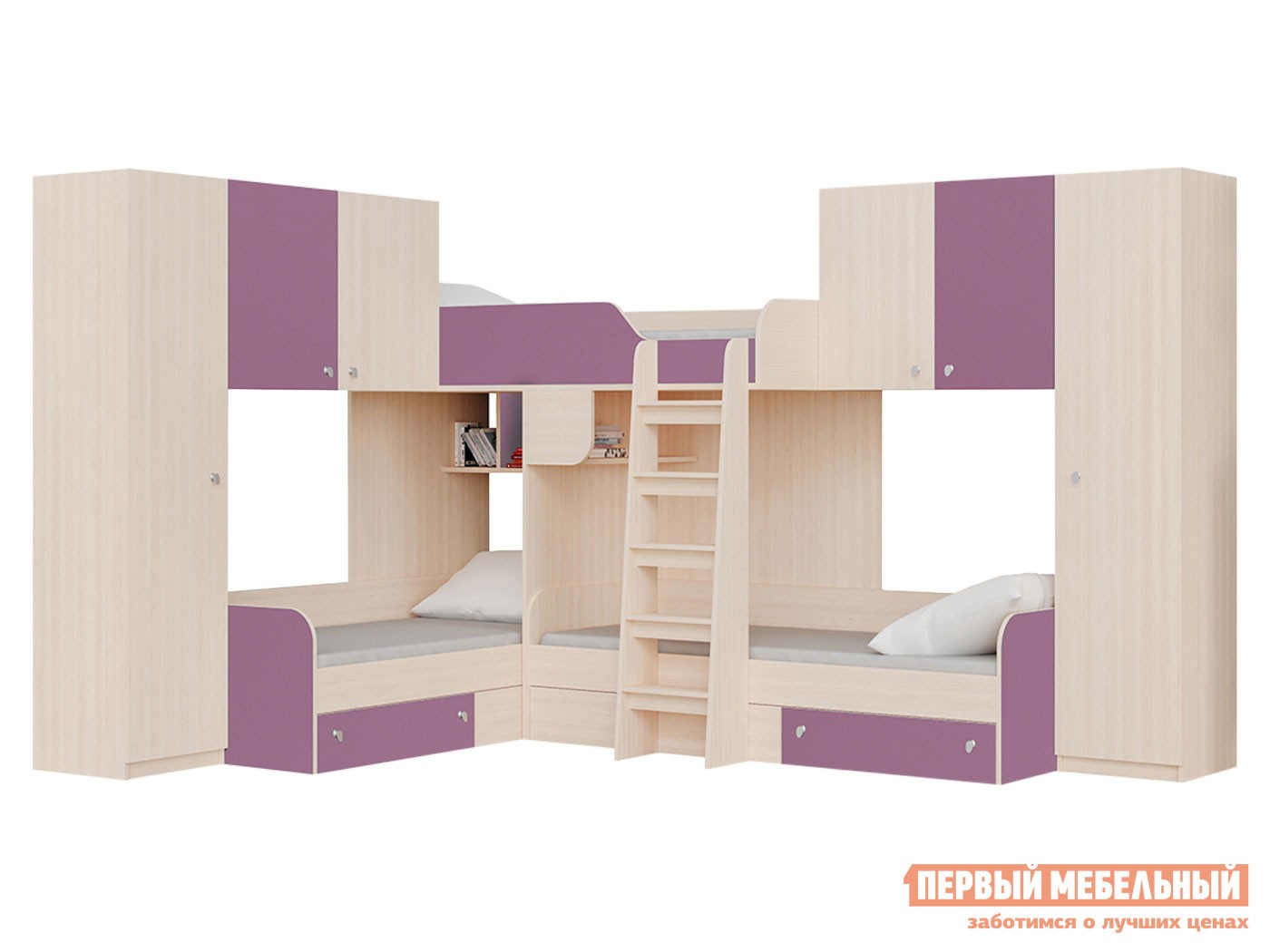 Двухъярусная кровать  Трио/3 Дуб Молочный / Фиолетовый