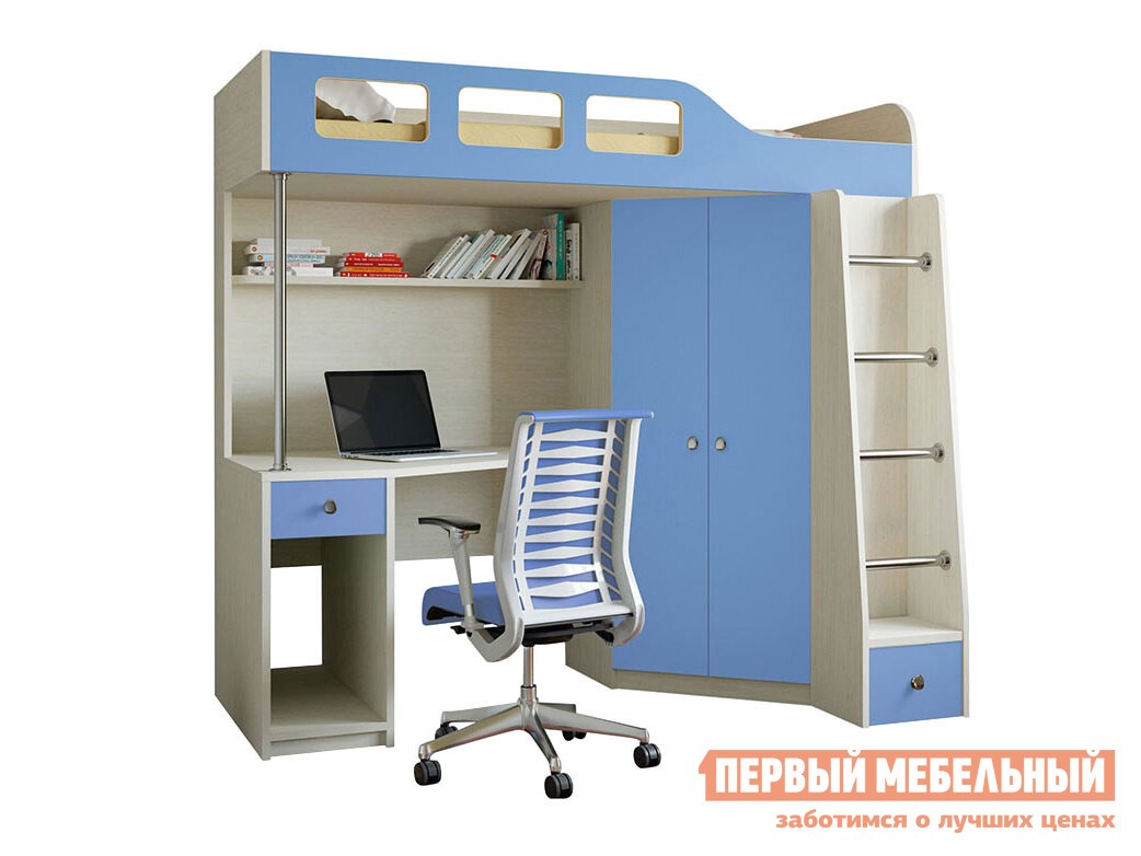 Кровать-чердак  Астра 7 Дуб Молочный, Голубой