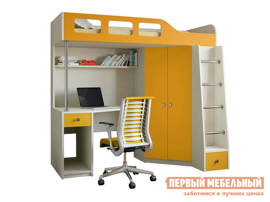 Кровать-чердак  Астра 7 Дуб Молочный, Оранжевый