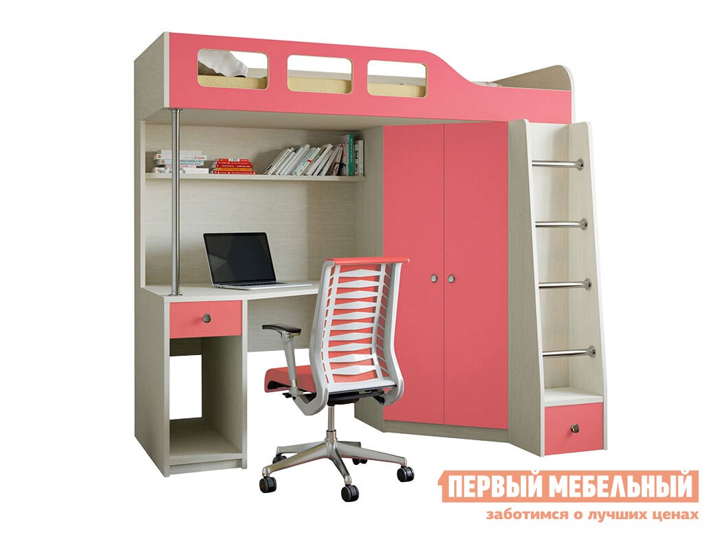 Кровать-чердак  Астра 7 Дуб Молочный, Розовый