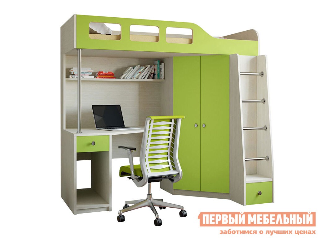 Кровать-чердак  Астра 7 Дуб Молочный, Салатовый