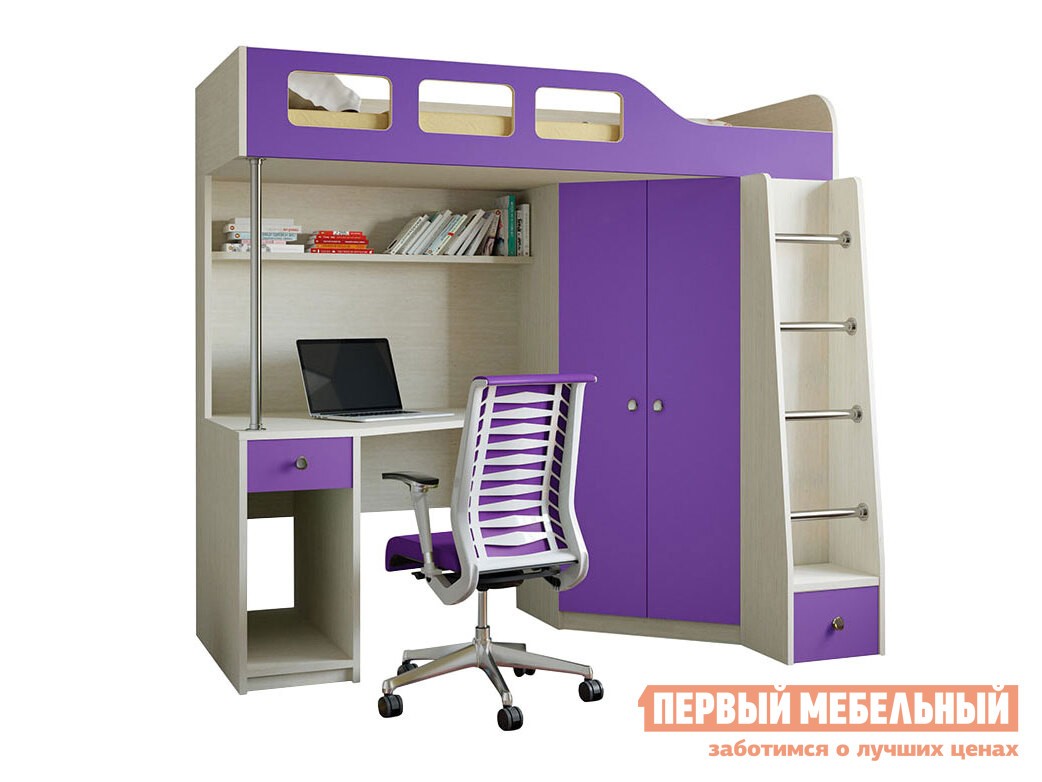 Кровать-чердак  Астра 7 Дуб Молочный, Фиолетовый