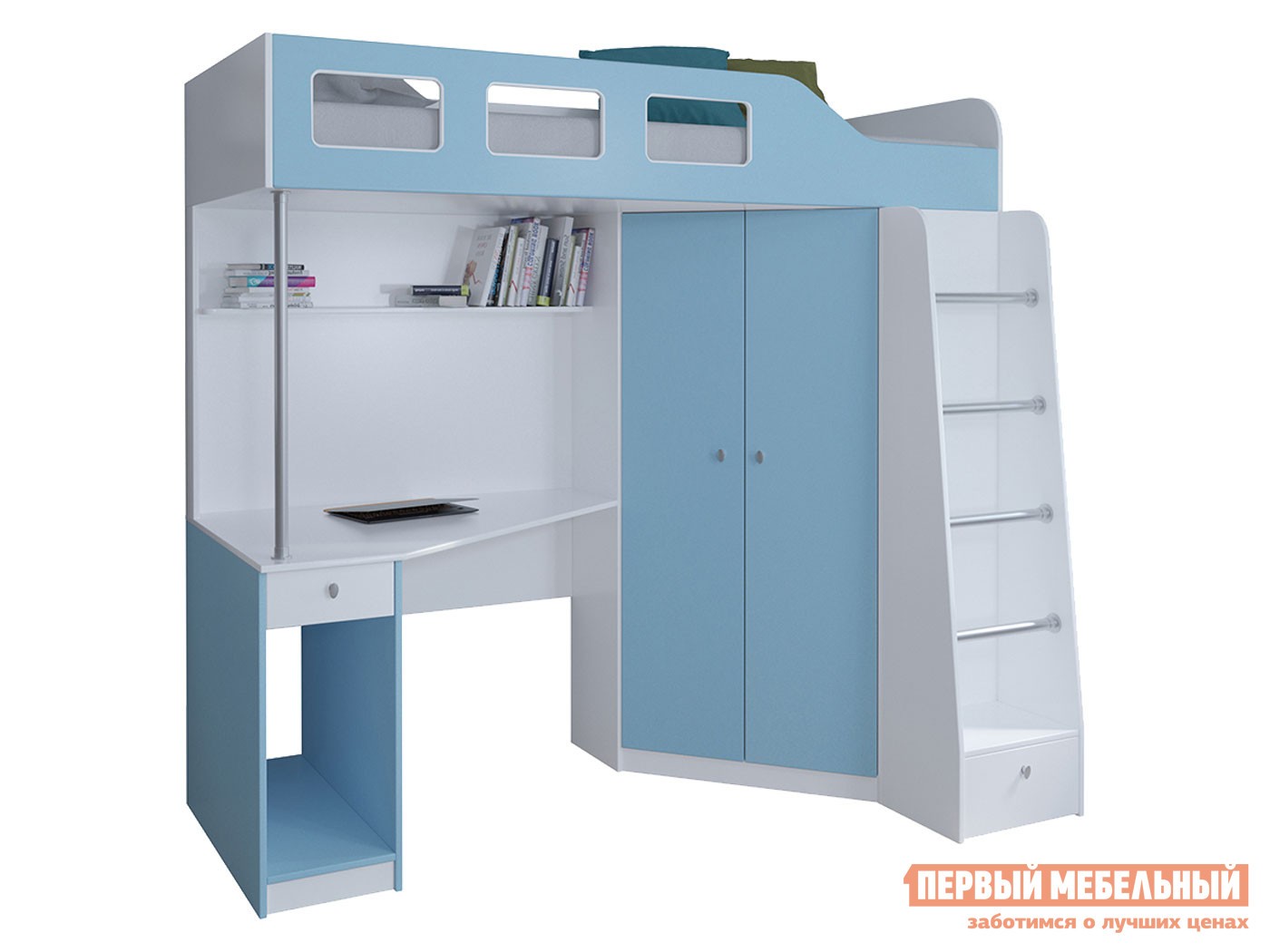 Кровать-чердак  Астра 7 Белый, Голубой