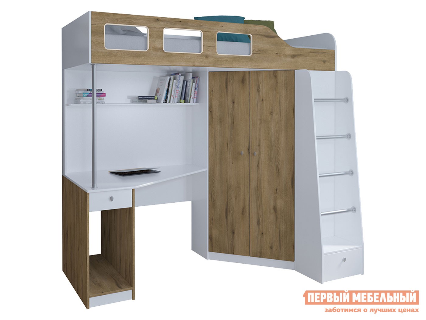 Кровать-чердак  Астра 7 Белый, Дуб Эвок прибрежный