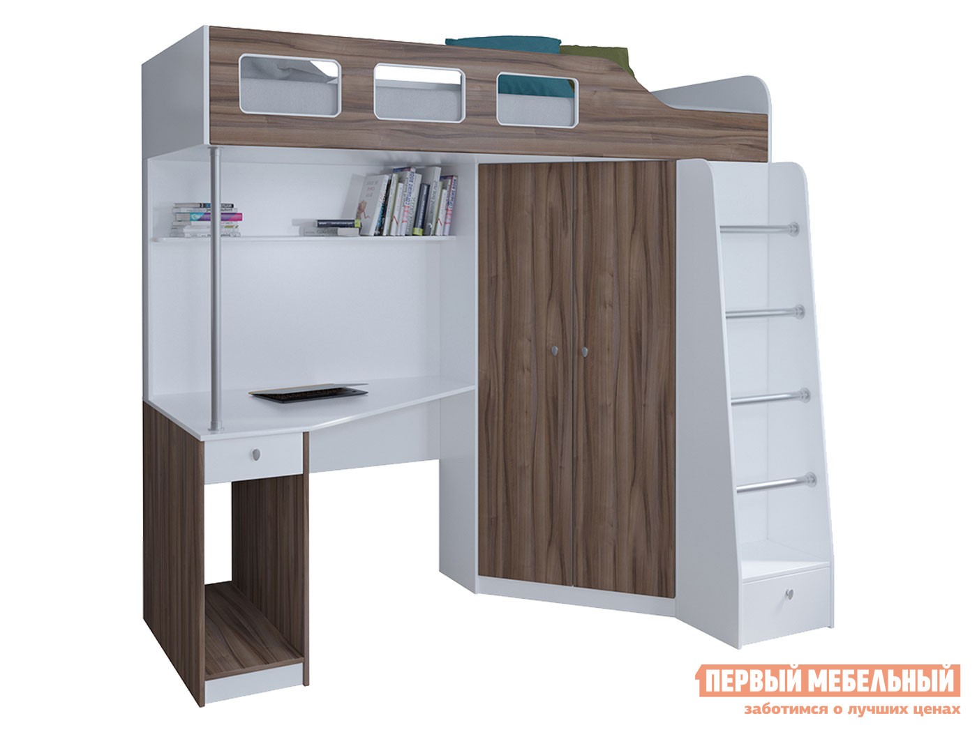 Кровать-чердак  Астра 7 Белый, Орех