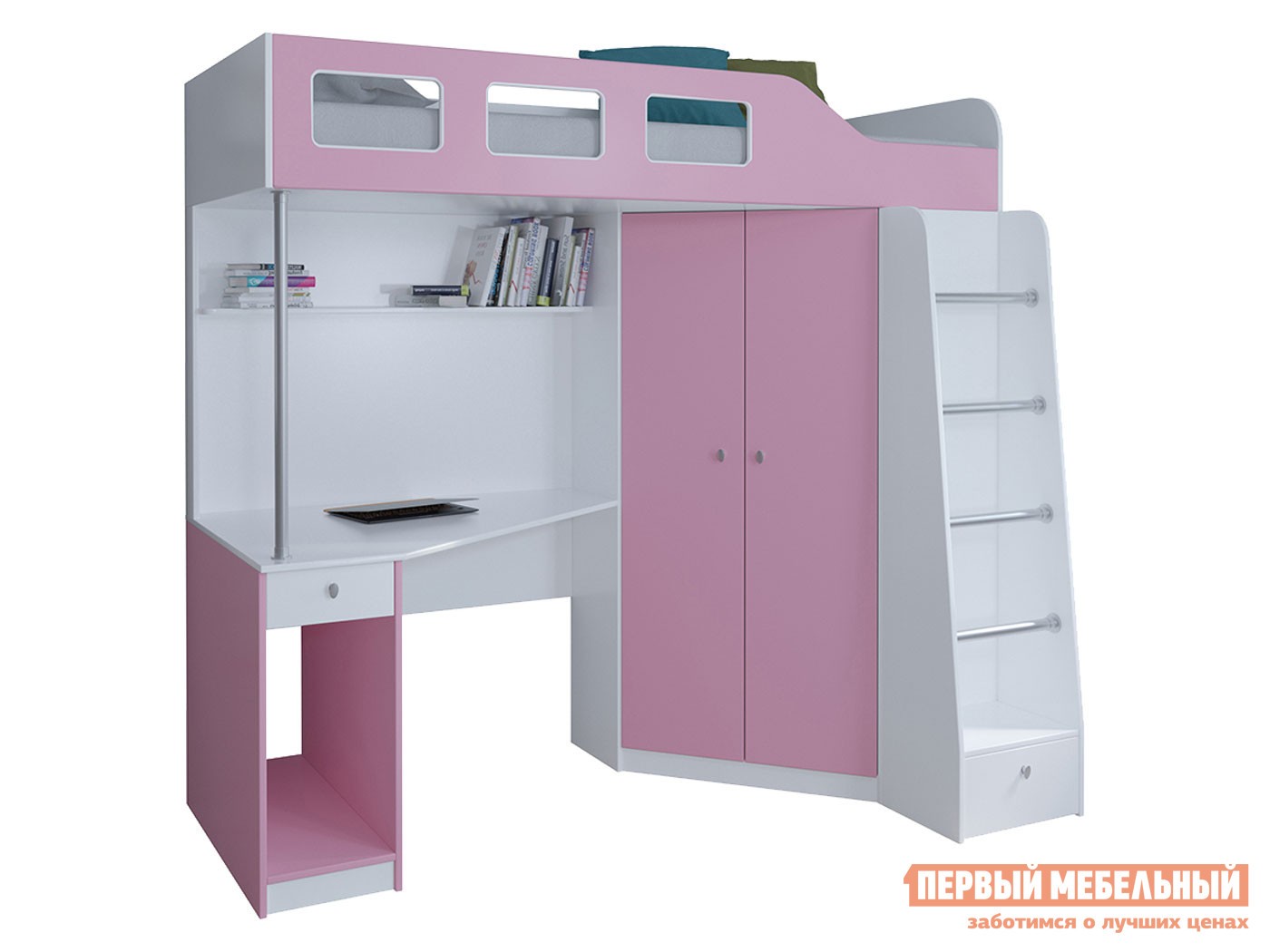 Кровать-чердак  Астра 7 Белый, Розовый