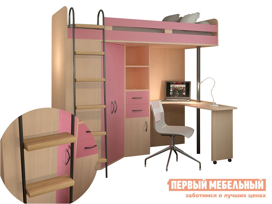 Кровать-чердак  М-85 Дуб Молочный, Розовый