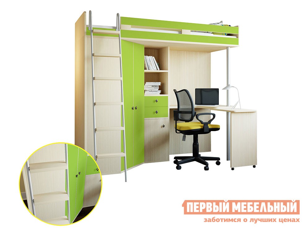 Кровать-чердак  М-85 Дуб Молочный, Салатовый