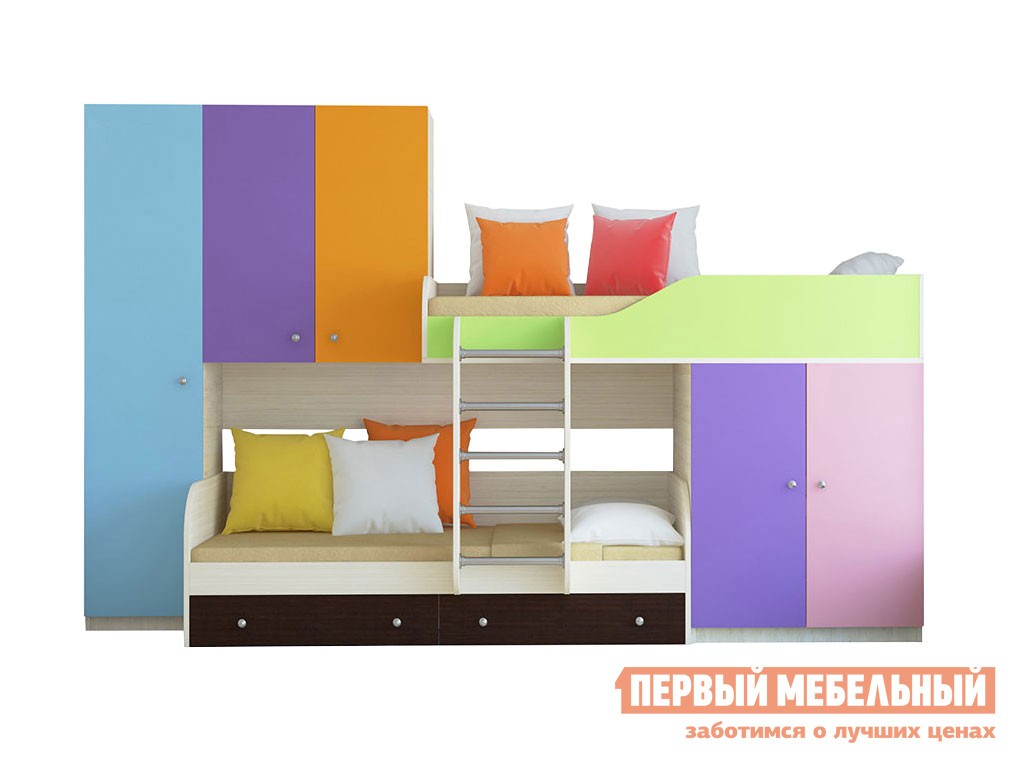 Двухъярусная кровать  Лео Дуб молочный / Разноцветный