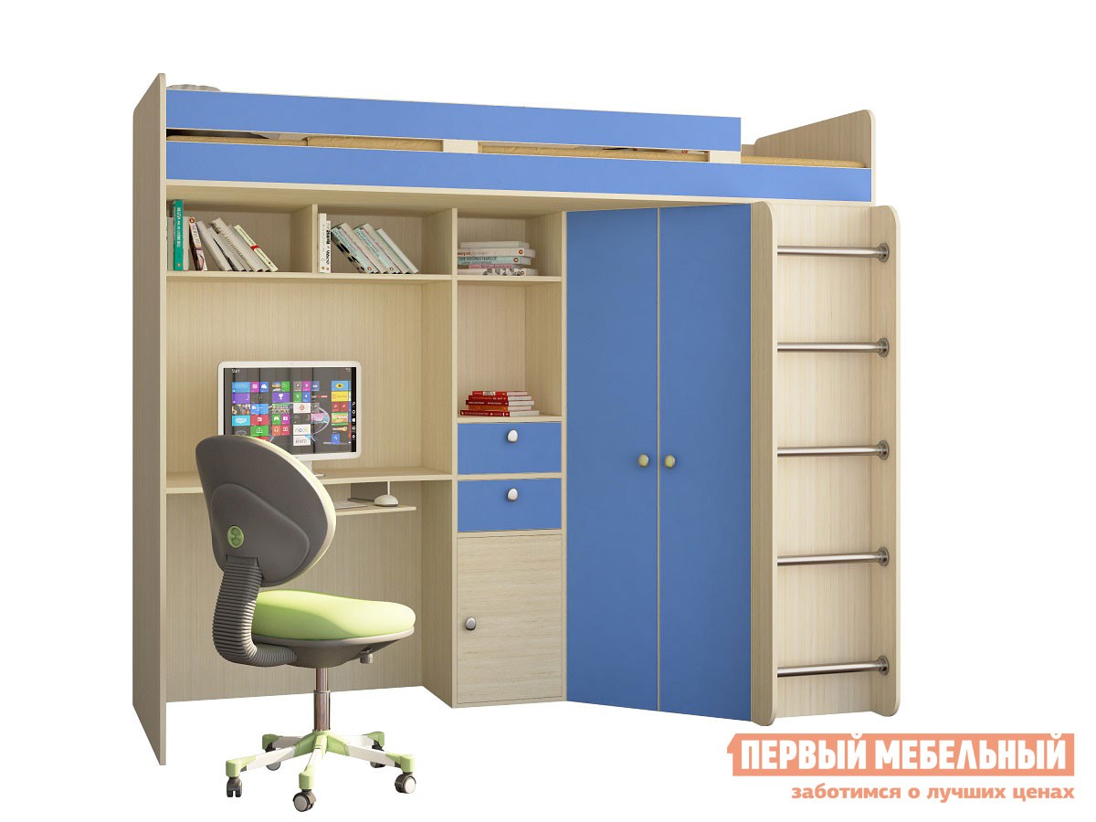 Кровать-чердак  Астра 1 Дуб Молочный / Голубой