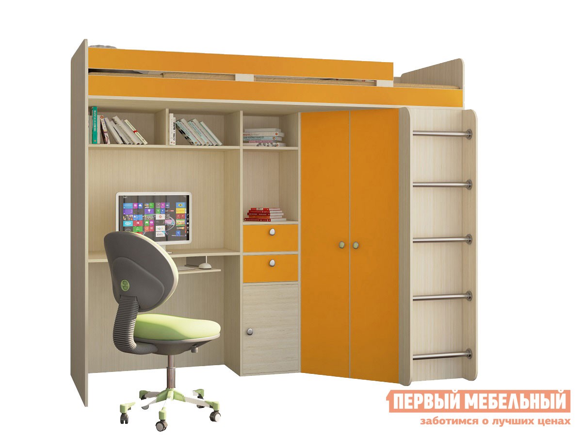 Кровать-чердак  Астра 1 Дуб Молочный / Оранжевый