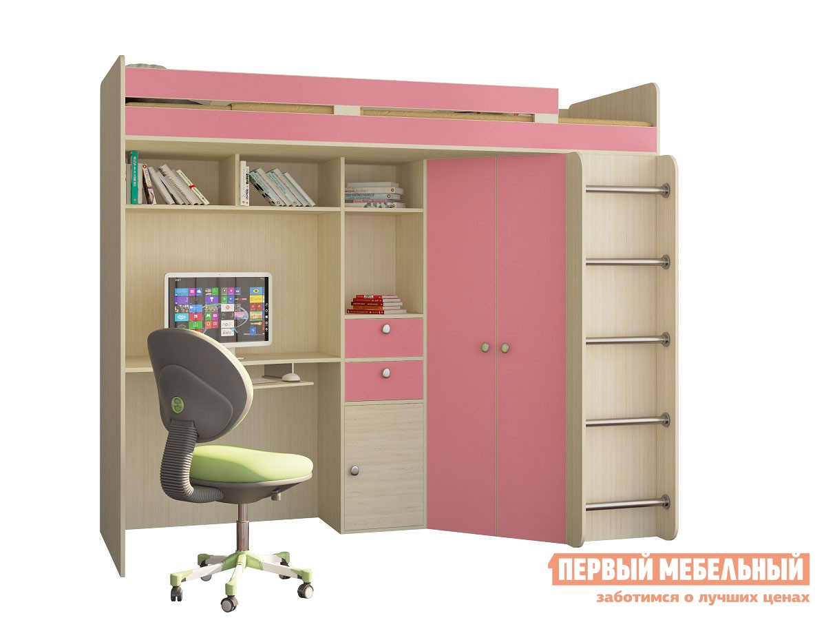 Кровать-чердак  Астра 1 Дуб Молочный / Розовый