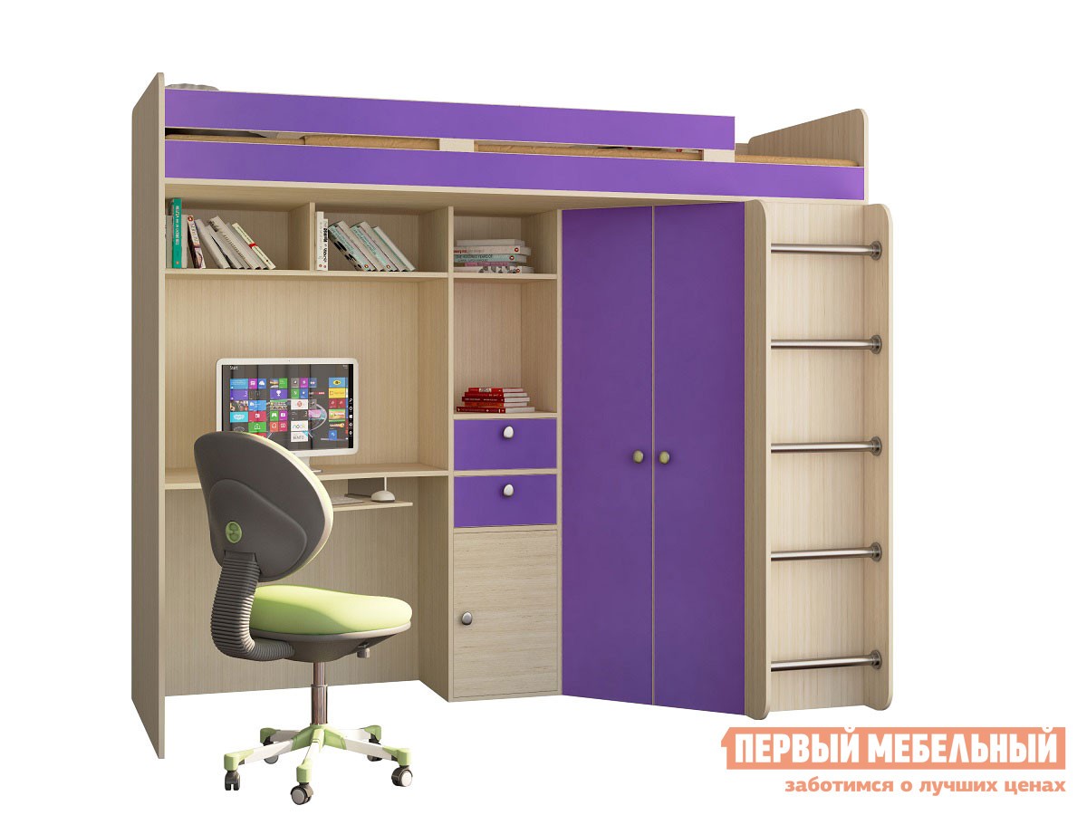 Кровать-чердак  Астра 1 Дуб Молочный / Фиолетовый