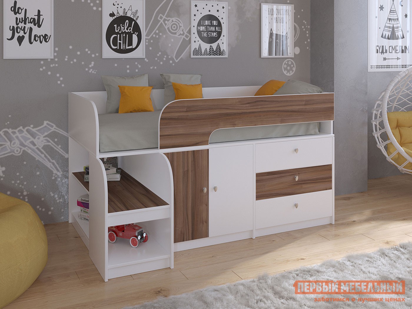 Кровать-чердак  Астра 9/1 Белый / Орех