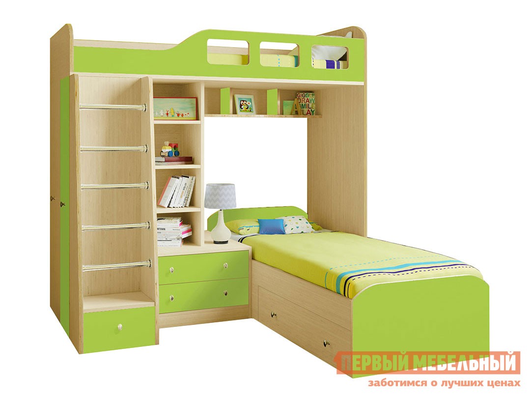 Двухъярусная кровать  Астра-4 Дуб Молочный, Салатовый