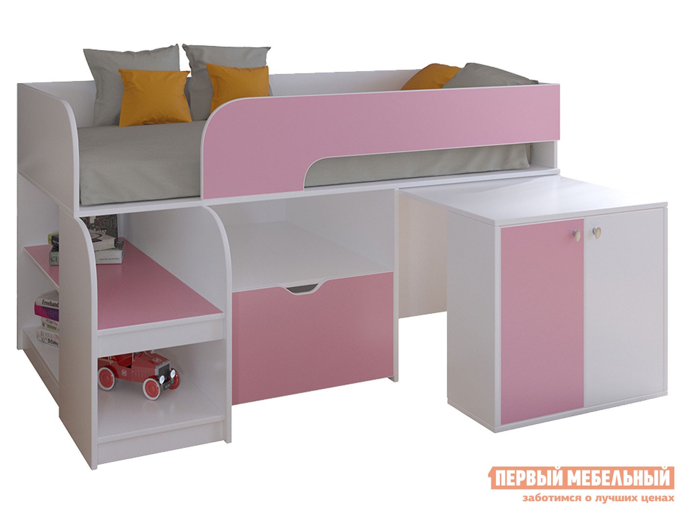 Кровать-чердак  Астра 9/9 Белый / Розовый