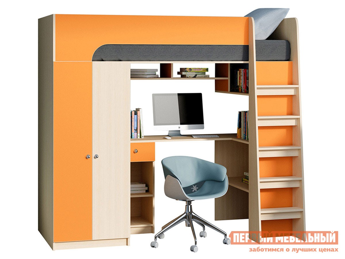 Кровать-чердак  Астра 10 Дуб Молочный / Оранжевый