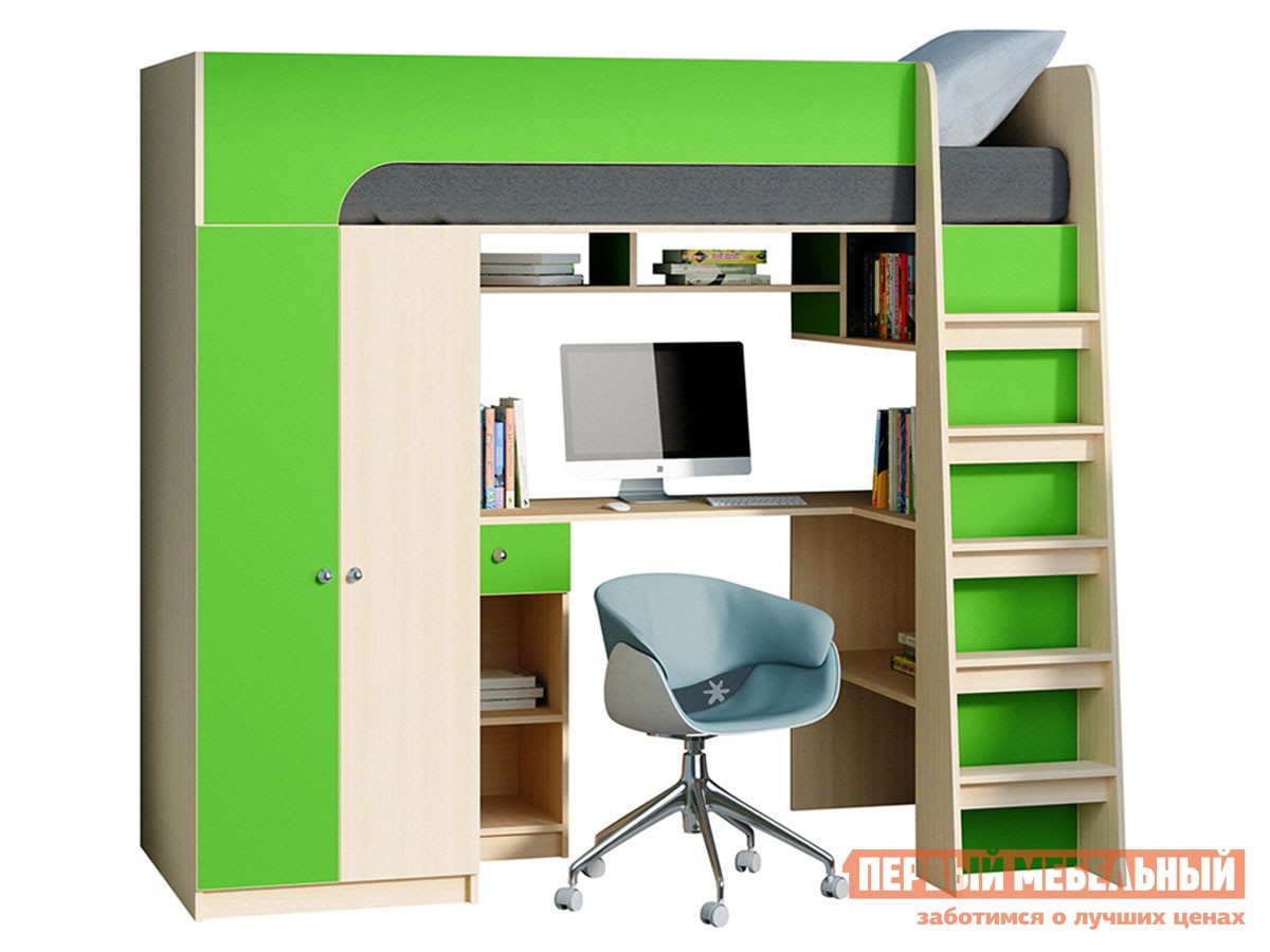 Кровать-чердак  Астра 10 Дуб Молочный / Салатовый