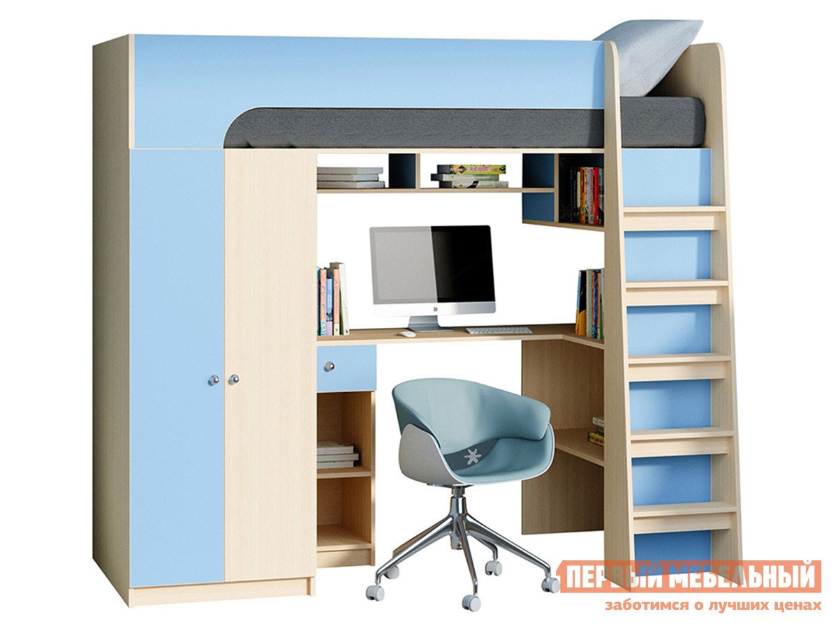 Кровать-чердак  Астра 10 Дуб Молочный / Голубой