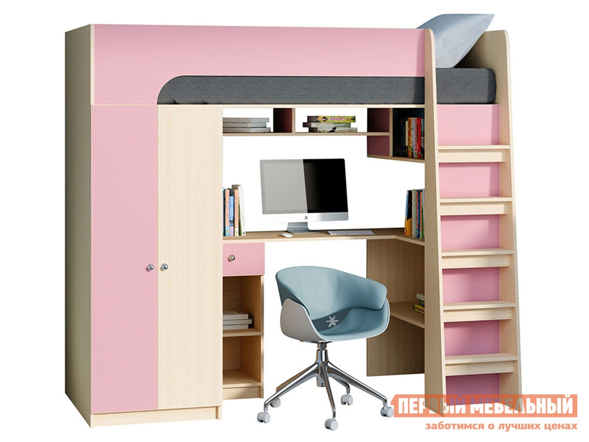 Кровать-чердак  Астра 10 Дуб Молочный / Розовый