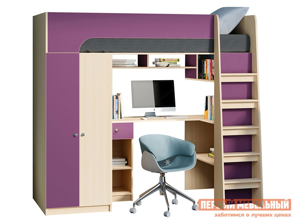Кровать-чердак  Астра 10 Дуб Молочный / Фиолетовый