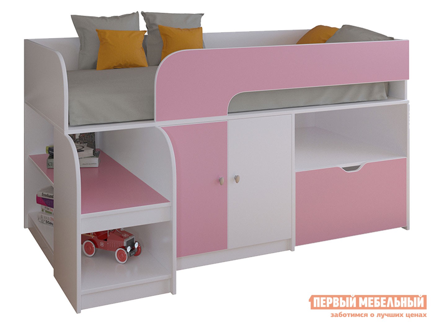 Кровать-чердак  Астра 9/4 Белый / Розовый
