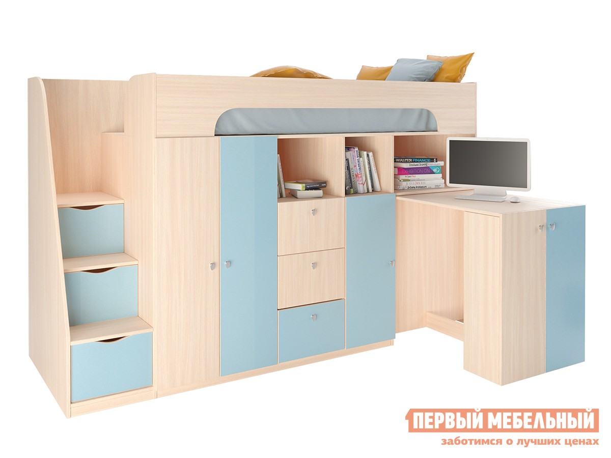 Кровать-чердак  Астра 11 Дуб Молочный / Голубой
