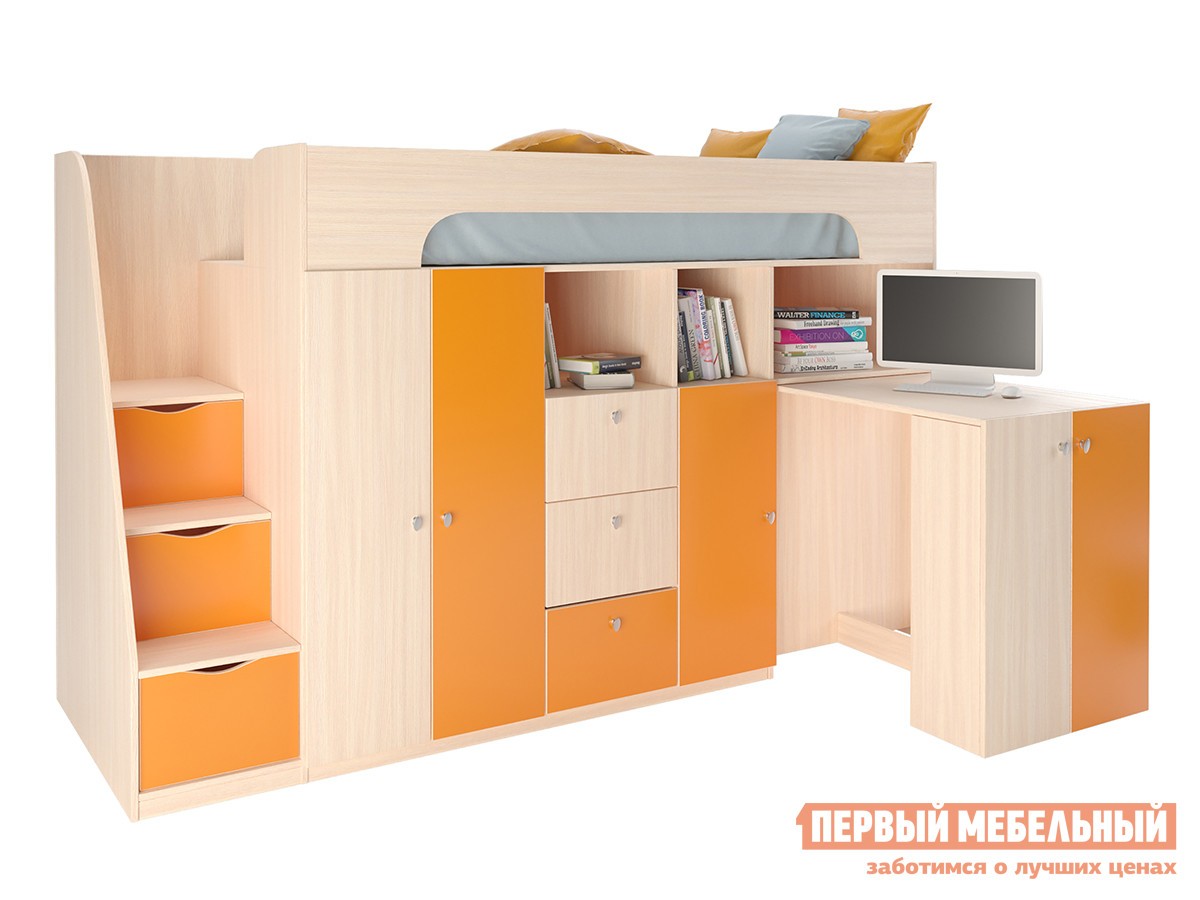 Кровать-чердак  Астра 11 Дуб Молочный / Оранжевый