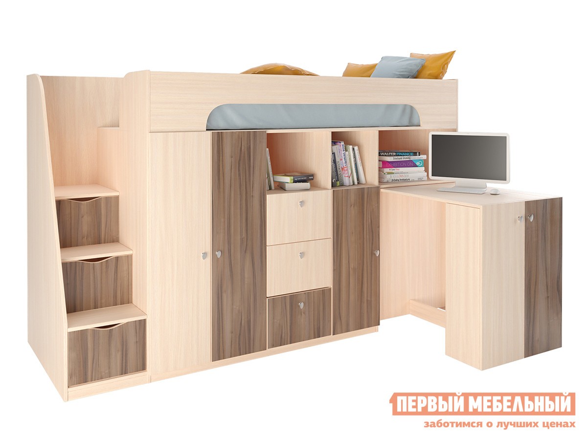 Кровать-чердак  Астра 11 Дуб Молочный / Орех