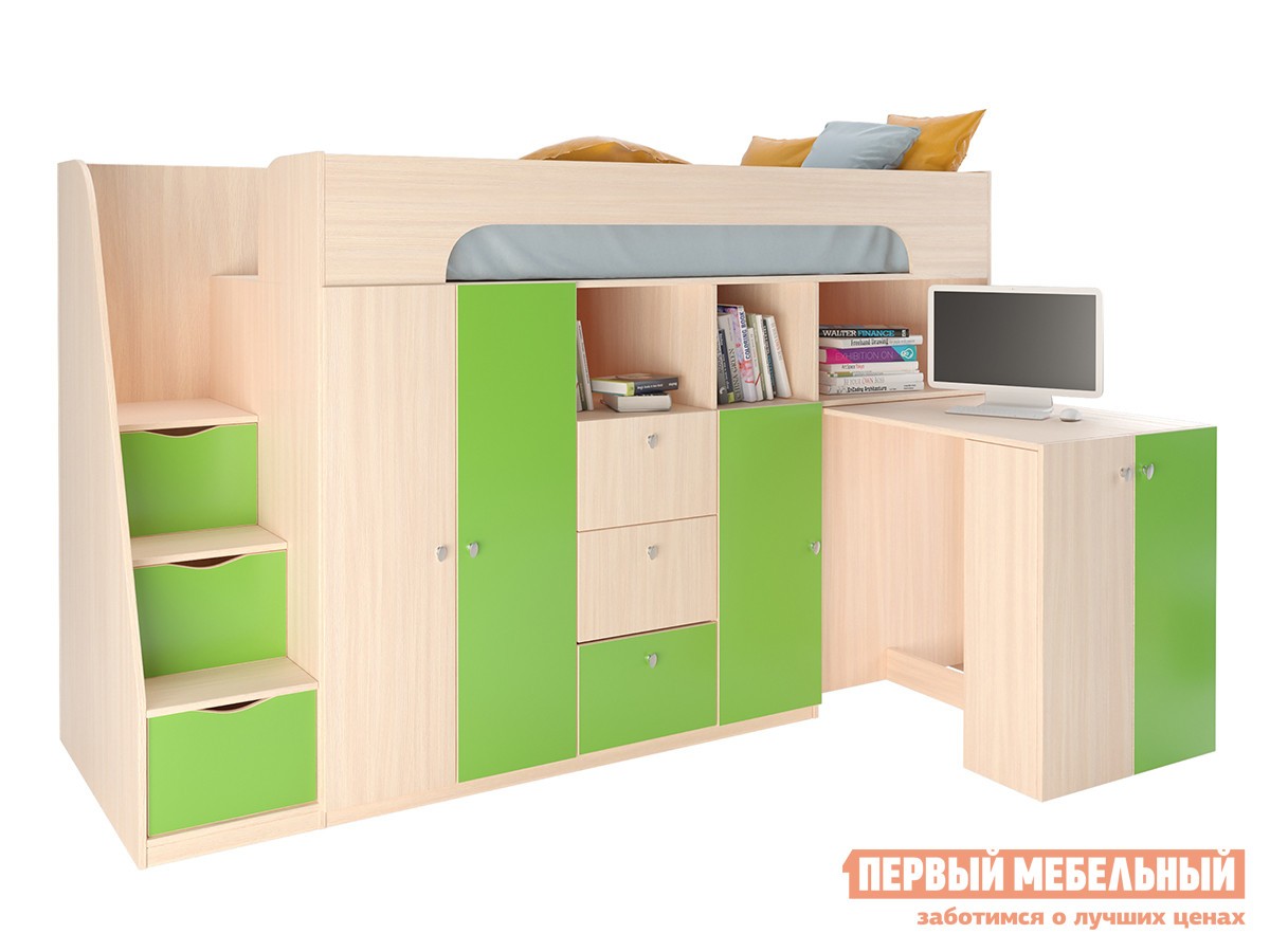 Кровать-чердак  Астра 11 Дуб Молочный / Салатовый