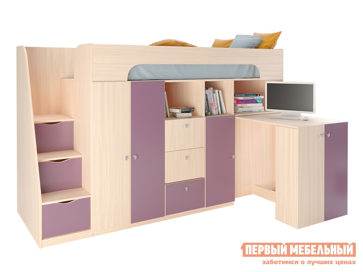 Кровать-чердак  Астра 11 Дуб Молочный / Фиолетовый