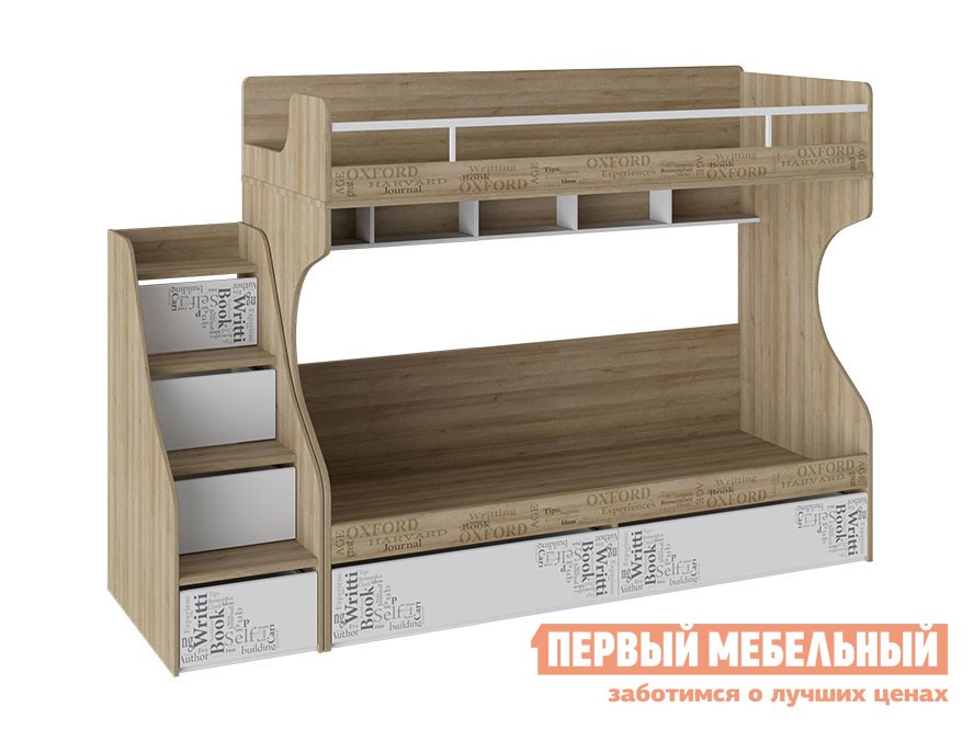 Двухъярусная кровать  Оксфорд Дуб Ривьера с рисунком / Белый с рисунком