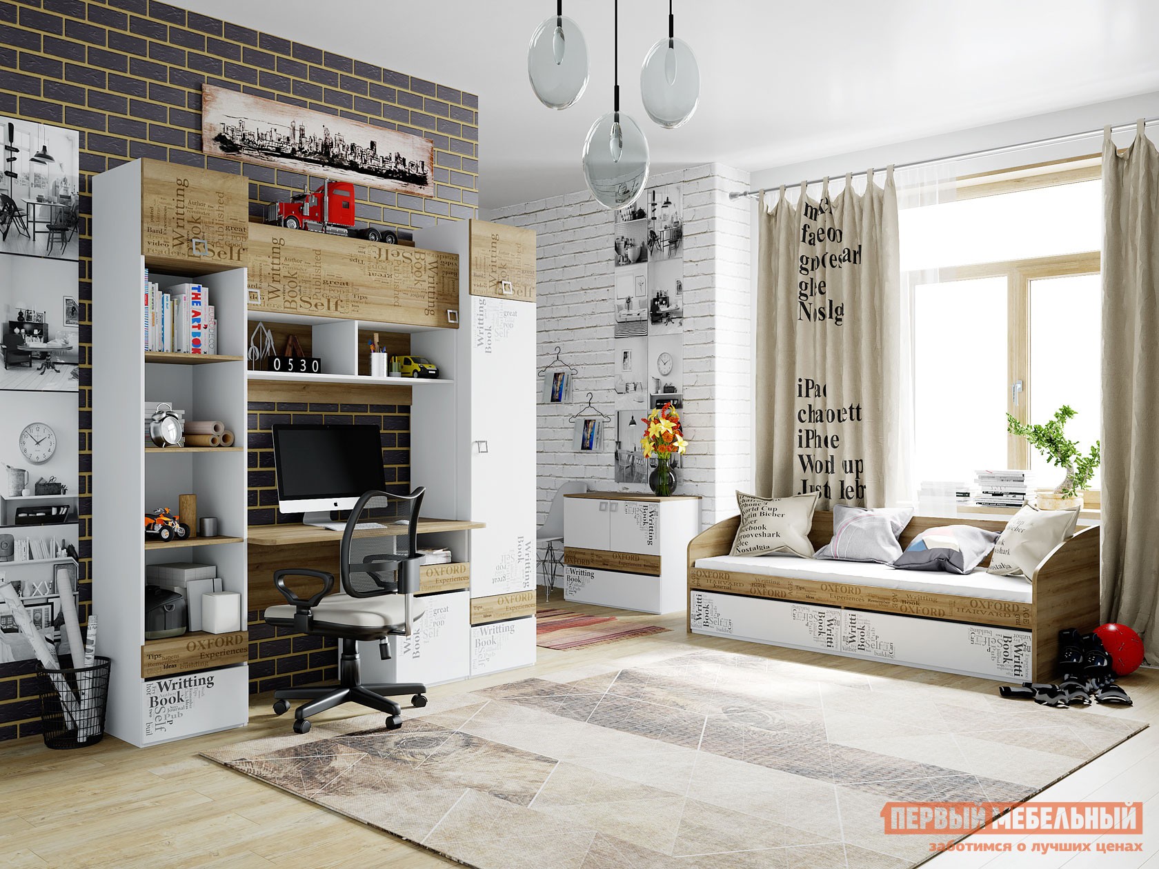 Комплект детской мебели  Оксфорд Дуб Ривьера с рисунком / Белый с рисунком