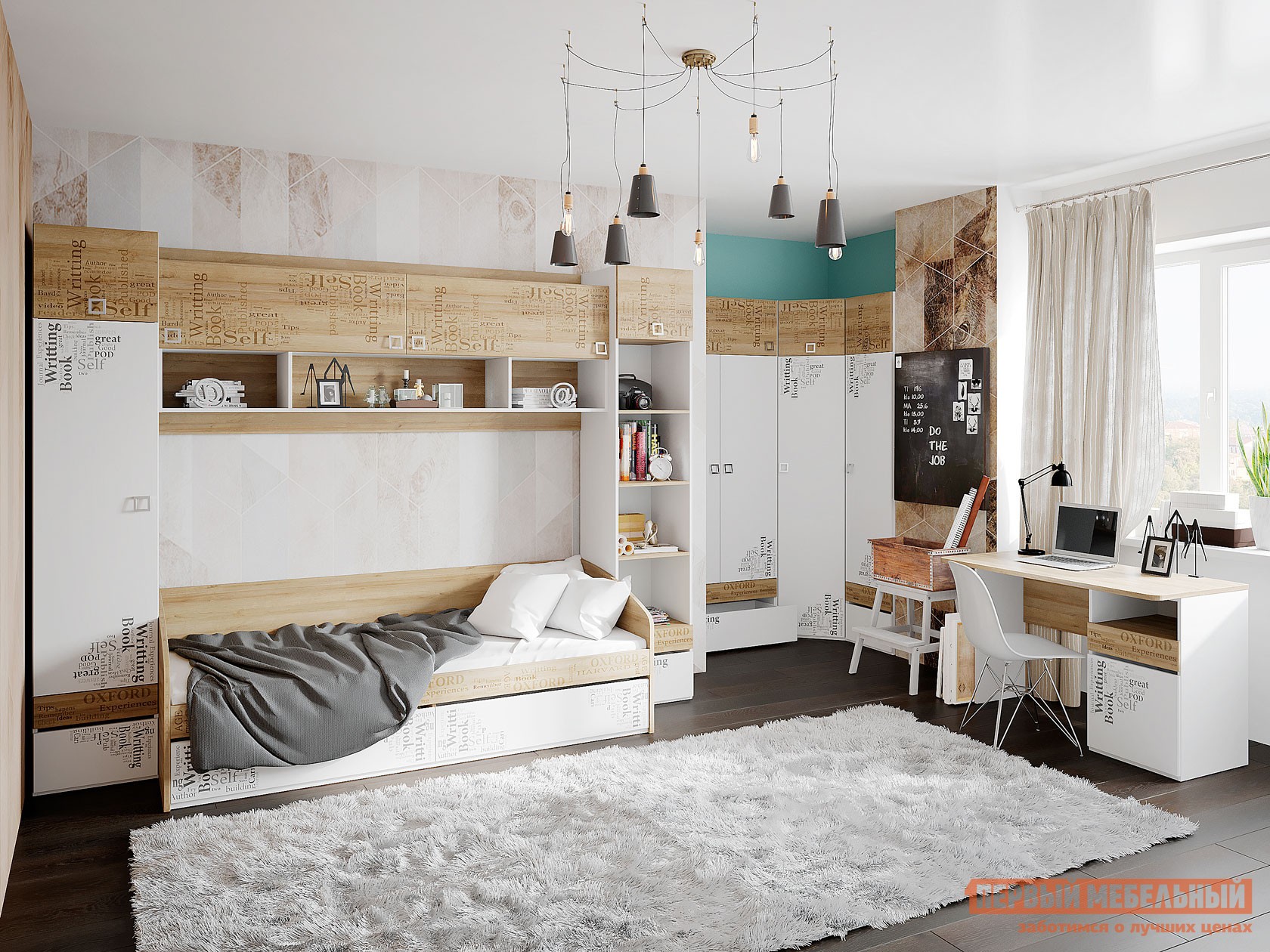 Комплект детской мебели  Оксфорд Дуб Ривьера с рисунком / Белый с рисунком