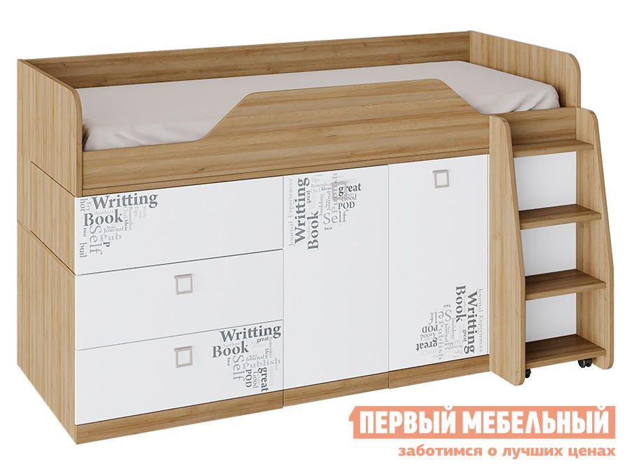 Кровать-чердак  Оксфорд Дуб Ривьера / Белый с рисунком