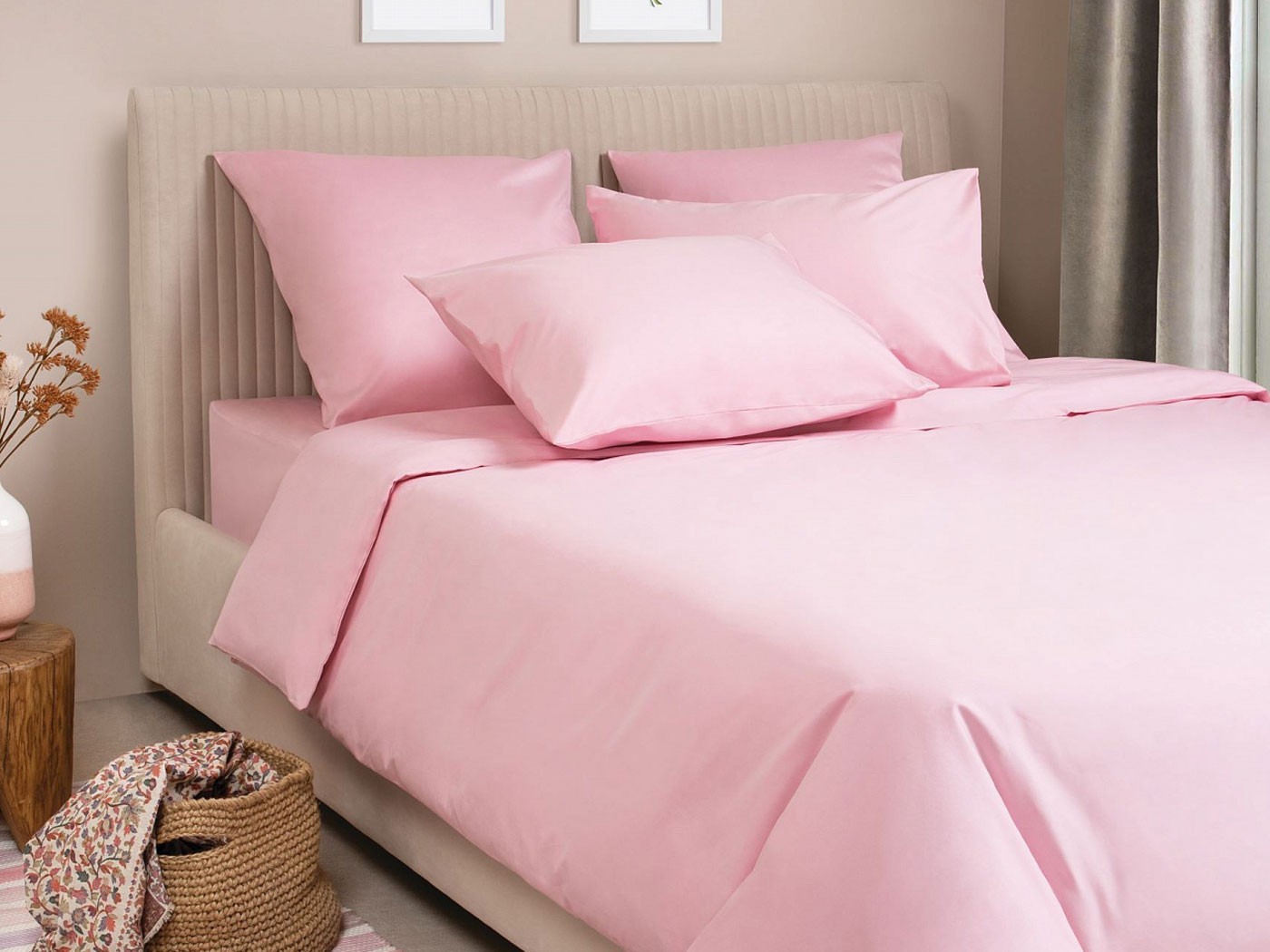 Комплект постельного белья  Моноспейс сатин светло-розовый Двуспальный макси (увеличенная простыня), Светло-розовый, сатин