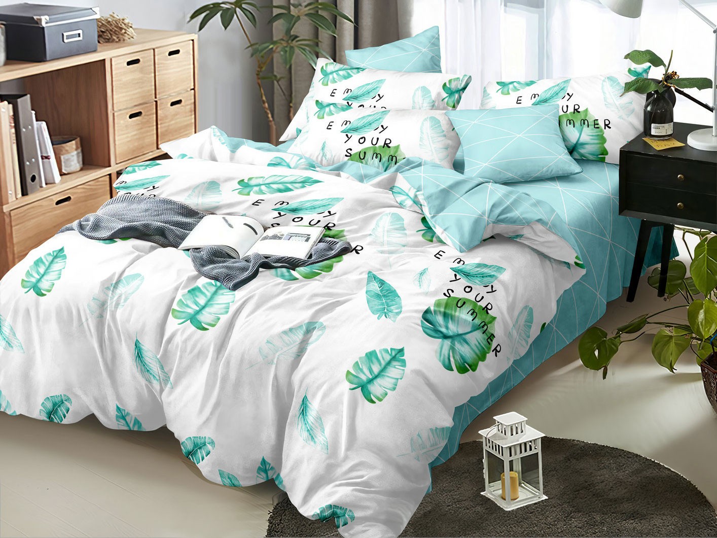 Комплект постельного белья  Сюзанна Евро, Листья на белом, поплин