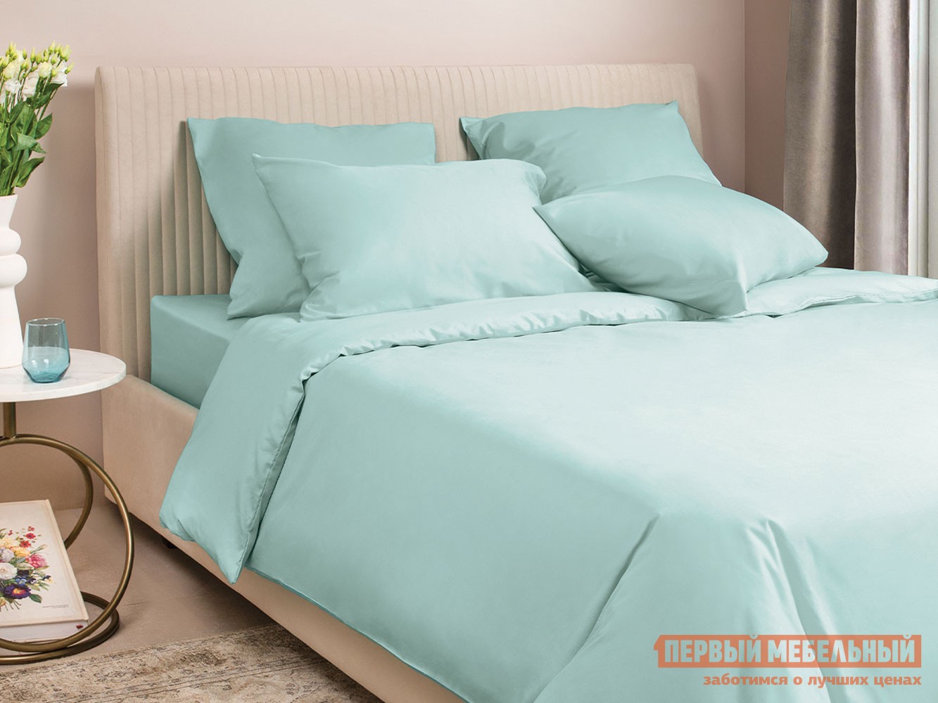 Комплект постельного белья  Моноспейс сатин нежно-голубой Семейный, Нежно-голубой, сатин