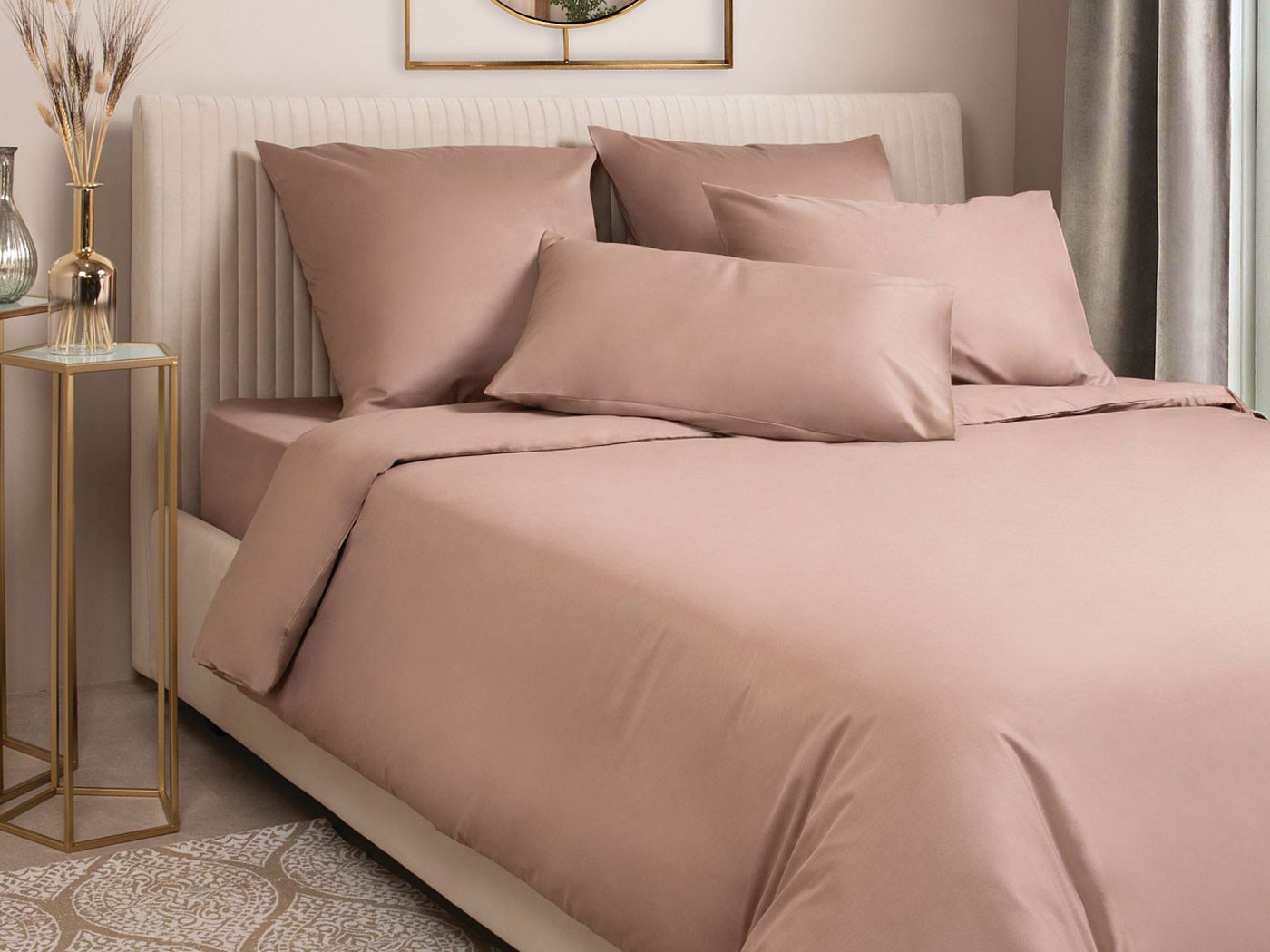Комплект постельного белья  Моноспейс сатин бежевый Двуспальный макси (увеличенная простыня), Бежевый, сатин