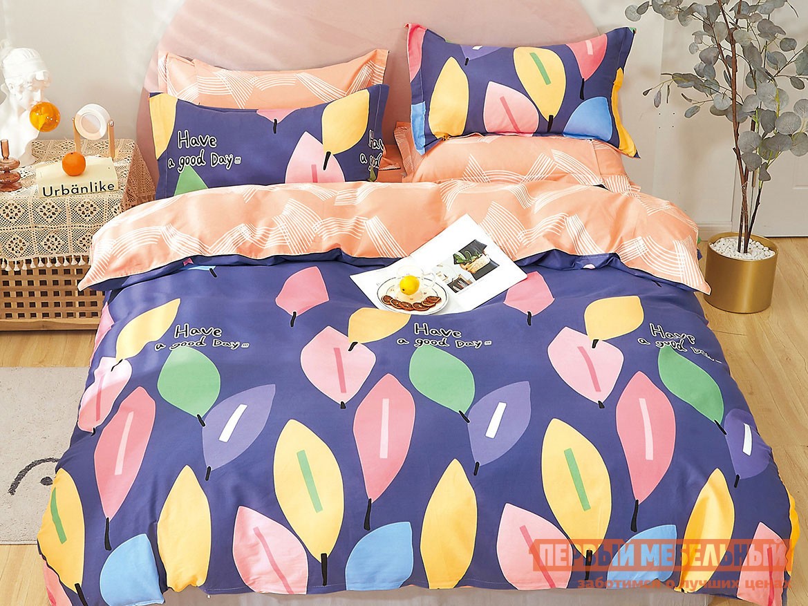 Комплект постельного белья  Вечерний листопад Синий, листва, сатин, Полутороспальный