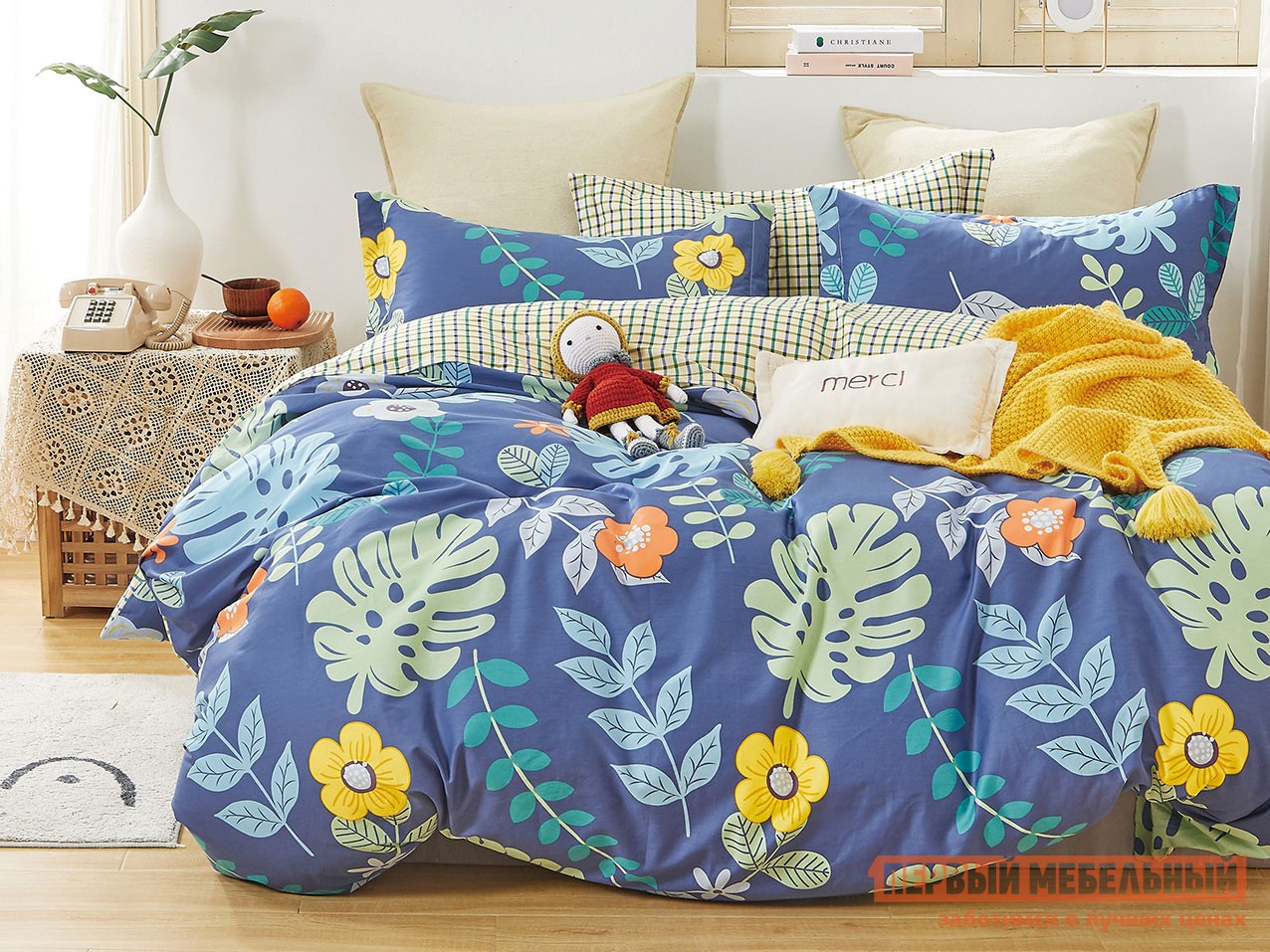 Детский комплект постельного белья  Семицвет Синий, листья, сатин, Двуспальный
