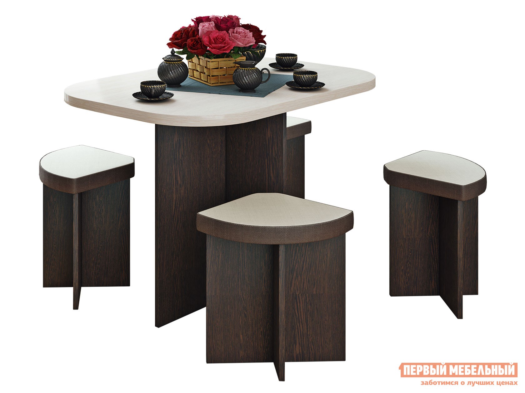 Обеденная группа для столовой и гостиной  Олимп Венге / Дуб Белфорт / Бежевый, иск. кожа / Коричневый, иск. кожа