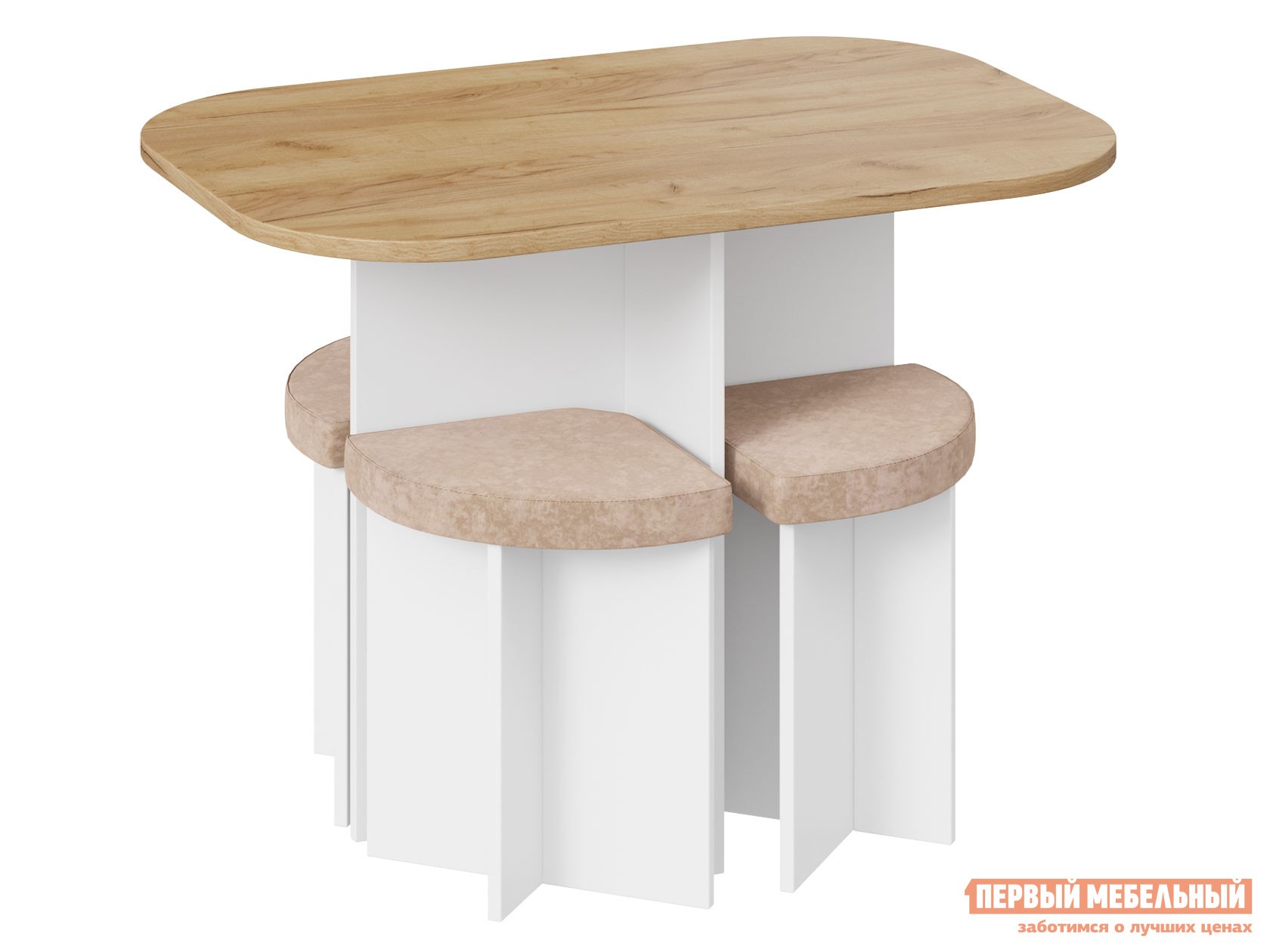 Обеденная группа для столовой и гостиной  Олимп Белый / Дуб Крафт золотой / Светло-коричневый, иск. замша