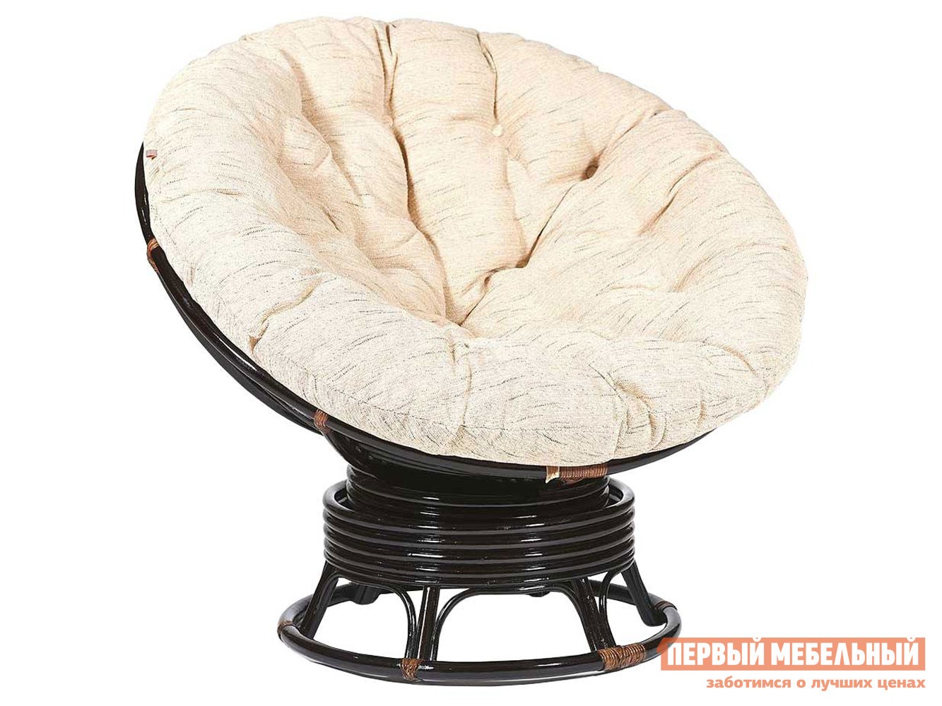 Плетеное кресло  Папасан Античный черно-коричневый, ротанг / Бежевый, рогожка, С подушкой, Бежевый, рогожка