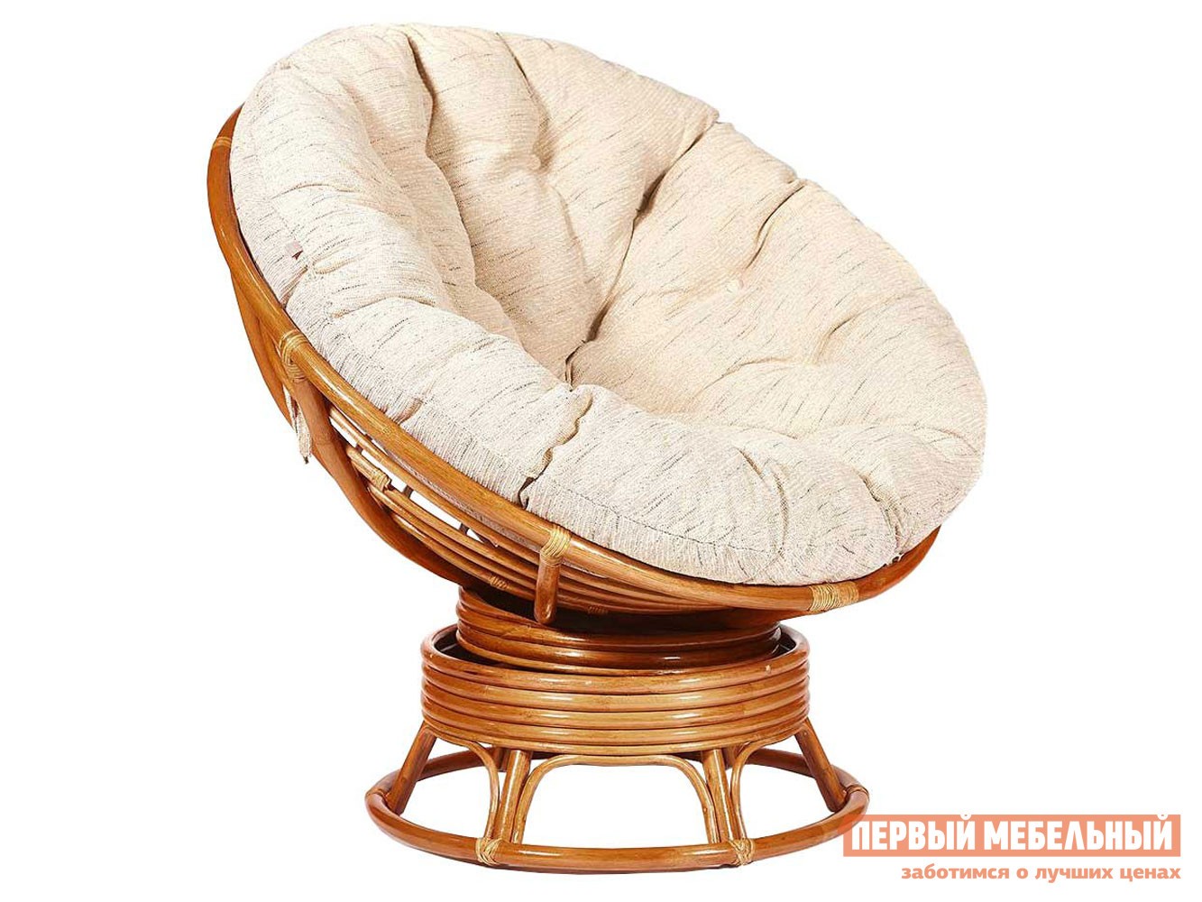 Плетеное кресло  Папасан Коньяк, ротанг / Бежевый, рогожка, С подушкой, Бежевый, рогожка