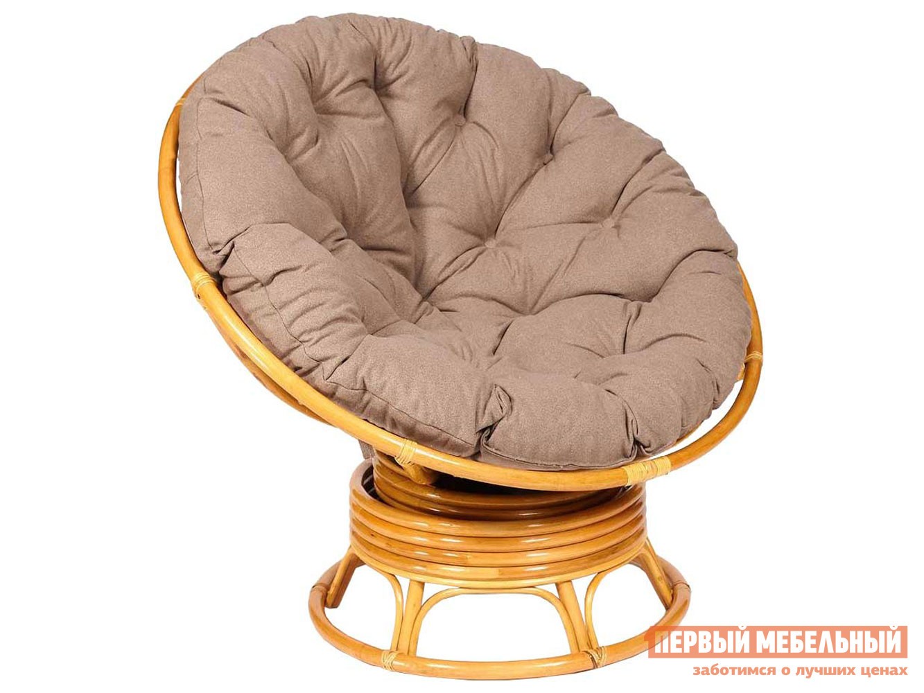 Плетеное кресло  Папасан Мед, ротанг / Коричневый, экошерсть, Коричневый, экошерсть, С подушкой
