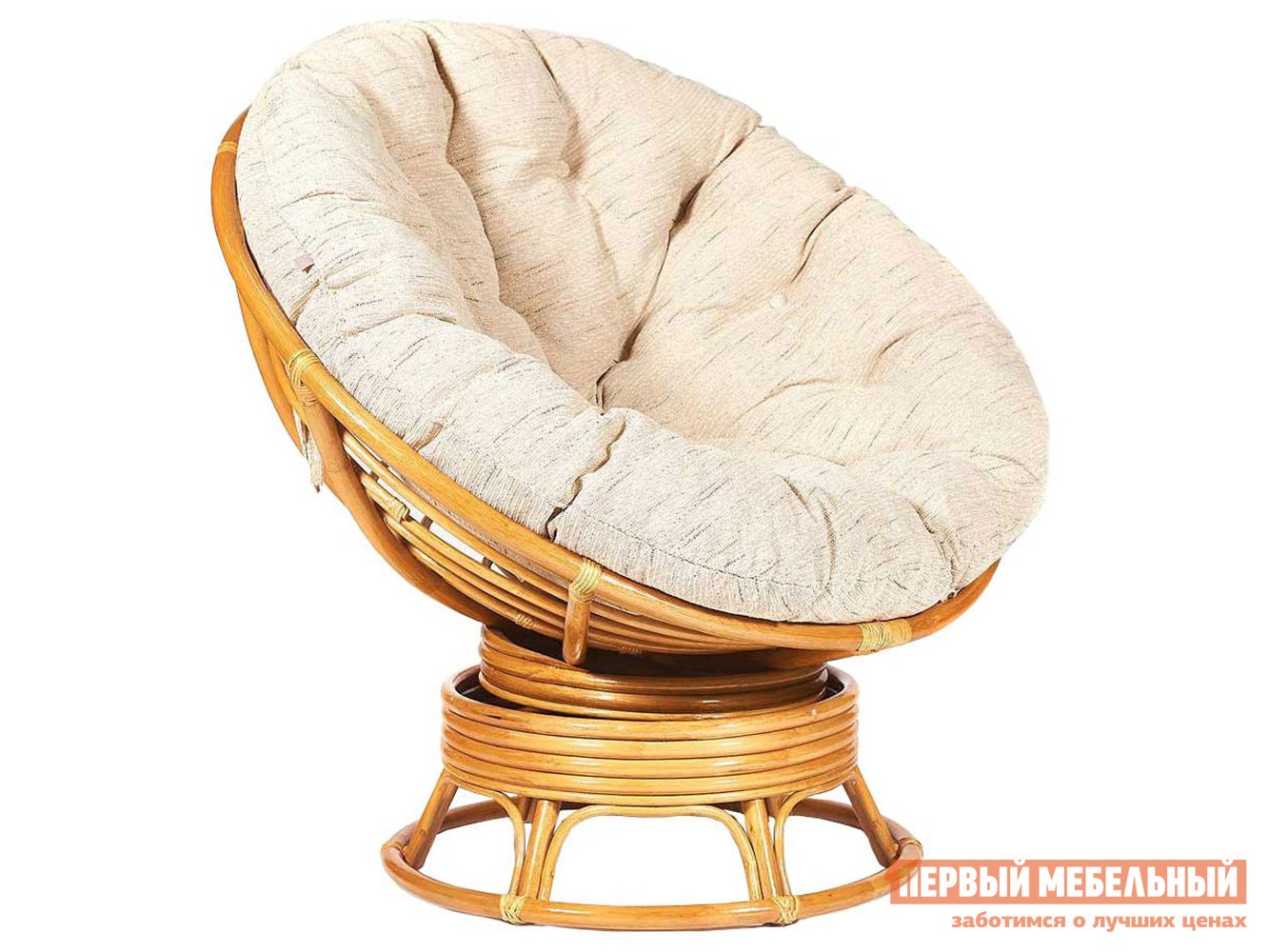 Плетеное кресло  Папасан Мед, ротанг / Бежевый, рогожка, С подушкой, Бежевый, рогожка
