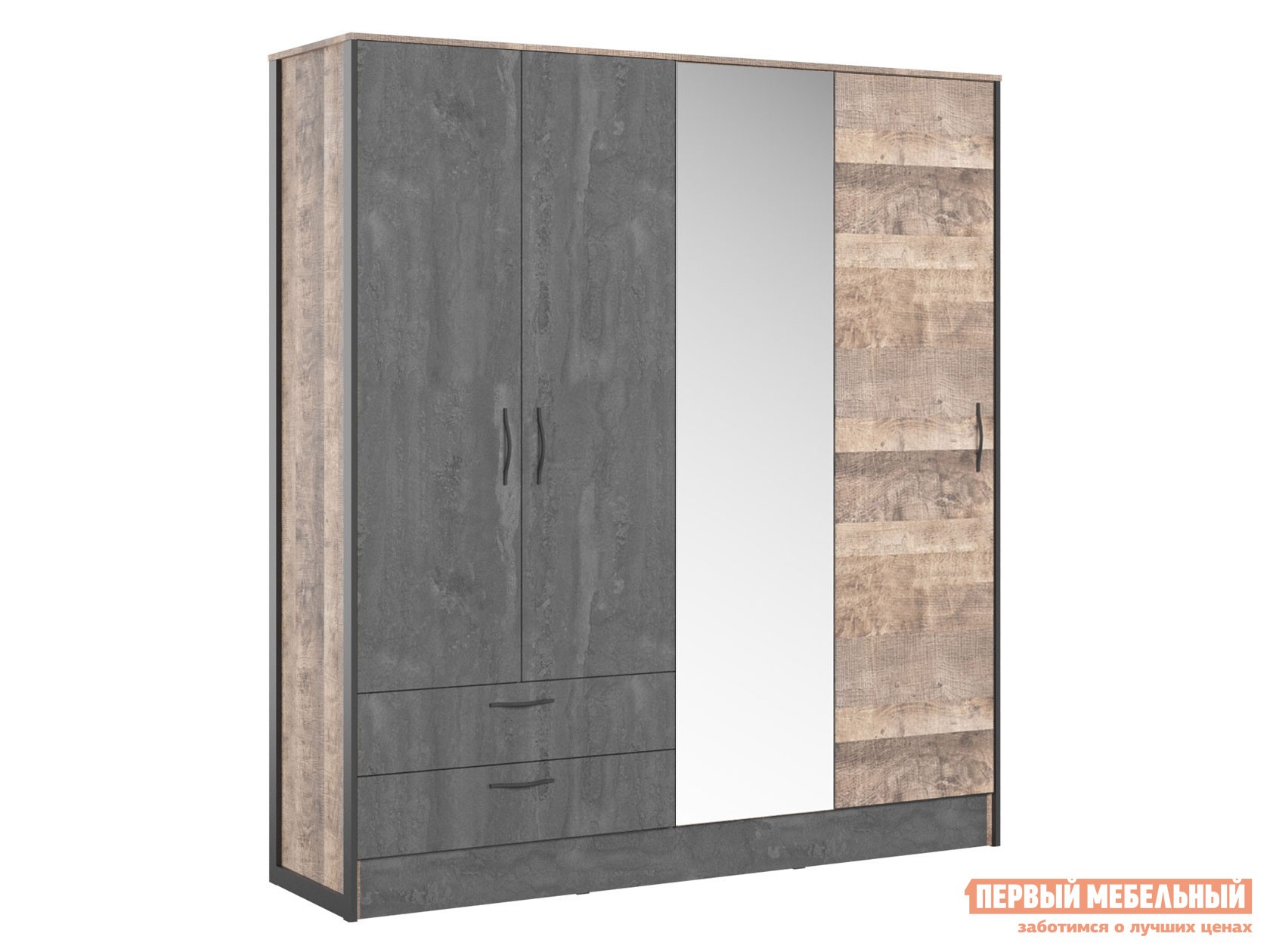 Распашной шкаф  Хуго Дуб Гранж / Железный камень / Зеркало
