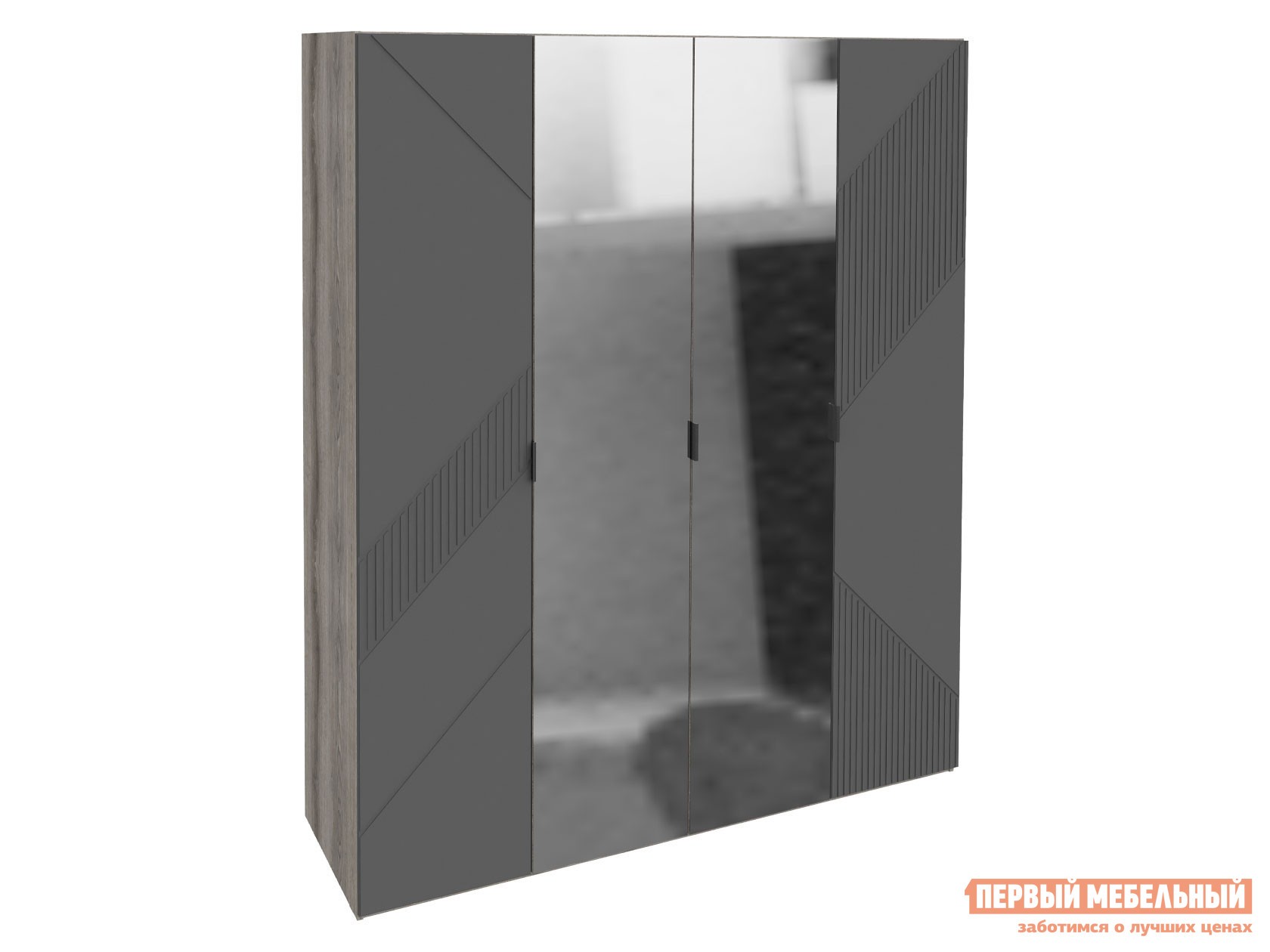 Распашной шкаф  Манхеттен Графит Софт / Дуб Гамильтон, С зеркалом, С дополнительными полками