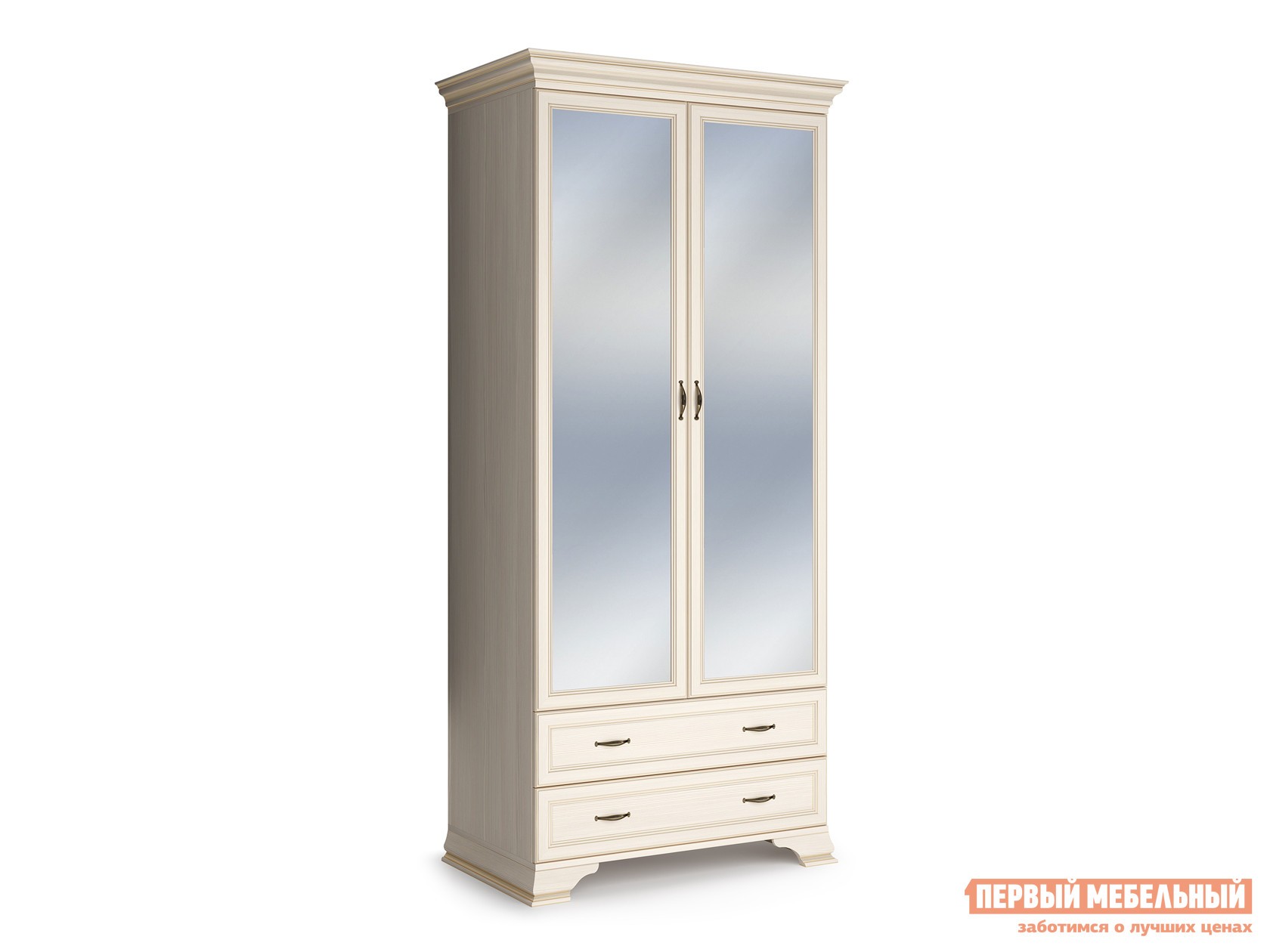 Распашной шкаф  Сиена Бодега белый, патина золото, С двумя зеркалами